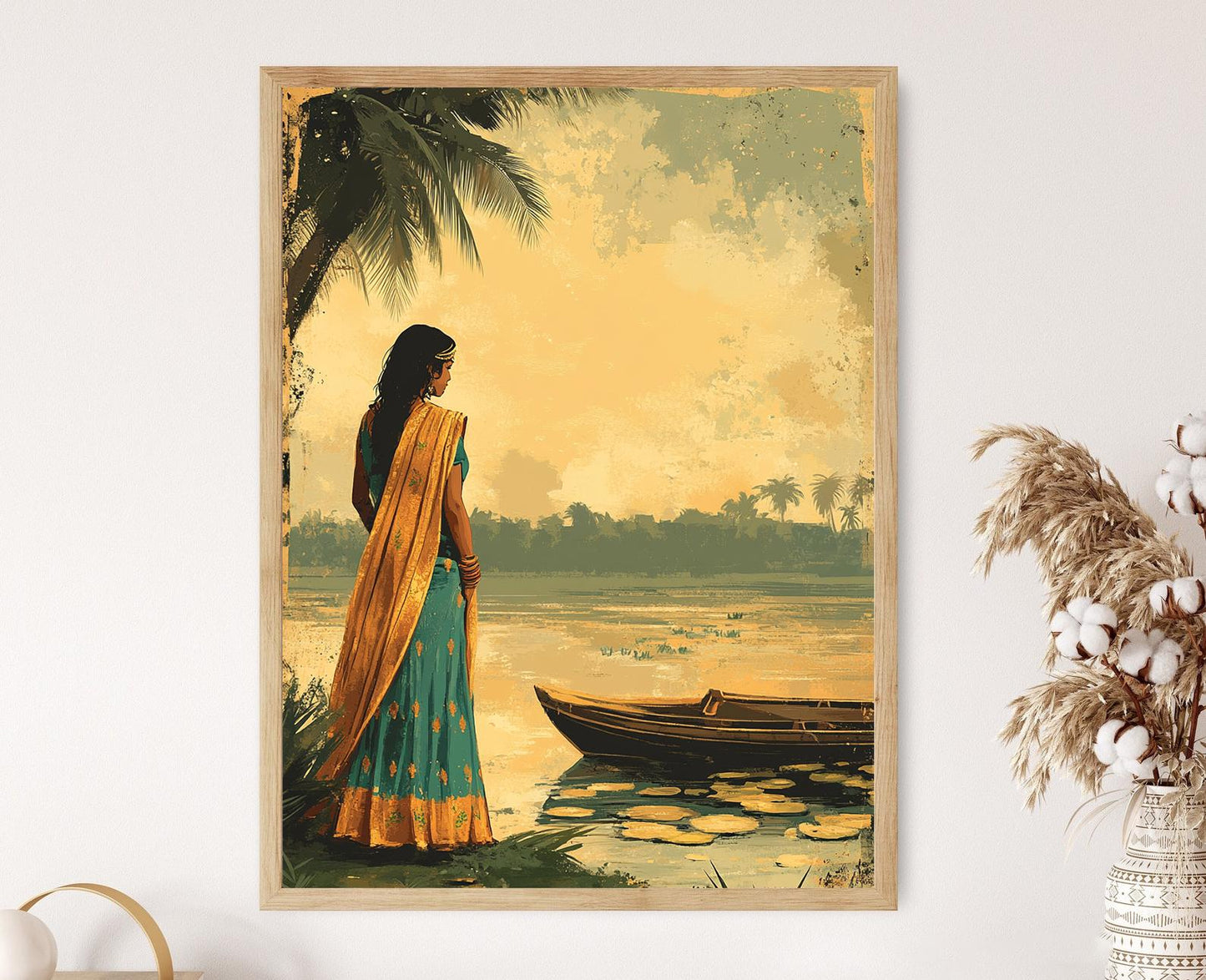 Affiche Femme Bengali au Bord de la Rivière – Poster Décor Bateau Traditionnel