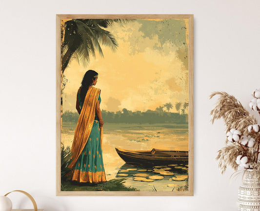 Affiche Femme Bengali au Bord de la Rivière – Poster Décor Bateau Traditionnel