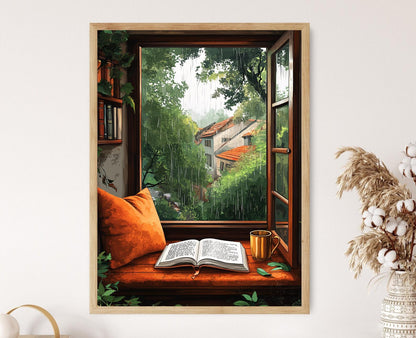 Affiche Bangalore Monsoon – Art Print Fenêtre Pluvieuse, Café & Livres