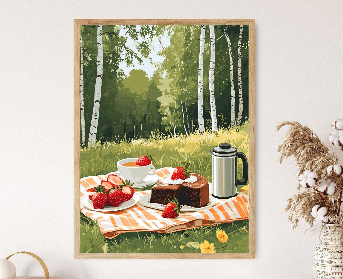 Affiche Fika Suédoise – Illustration Pique-Nique Nature & Gâteau au Chocolat