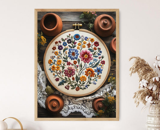 Affiche Broderie Portugaise – Poster Décor en Cerceau en Bois Minho