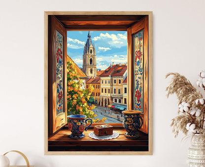 Affiche Cluj-Napoca – Poster Illustration de Fenêtre en Bois avec Motifs Roumains