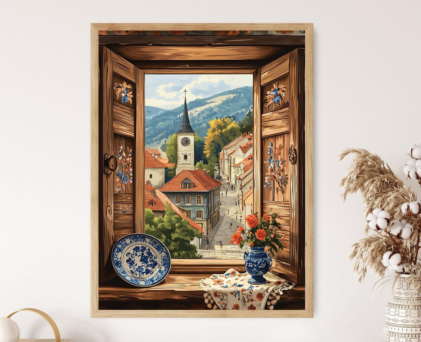 Affiche Brașov – Illustration fenêtre en bois avec sculptures folkloriques