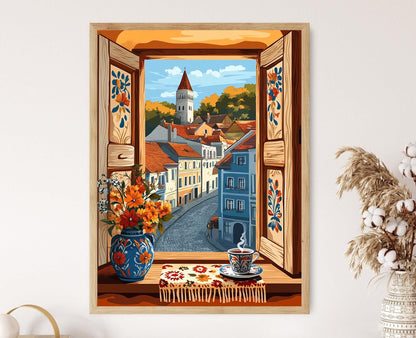 Affiche Fenêtre en Bois Sibiu – Poster Motifs Folkloriques Roumains