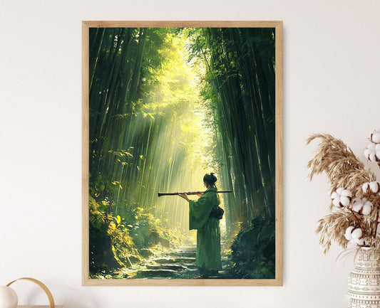 Affiche Joueur de Shakuhachi dans la Forêt de Bambous – Poster Art Japonais