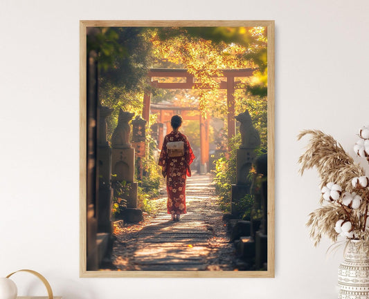 Affiche Sanctuaire Shinto – Poster Femme en Kimono, Art d'Automne