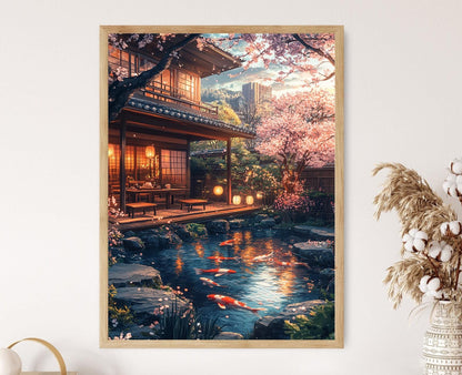 Affiche Kyoto – Poster Art de la Terrasse avec Étang à Koi et Cerisiers
