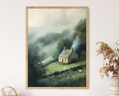 Affiche Cottage de Pierre dans le Brouillard – Tableau Campagne Douillette