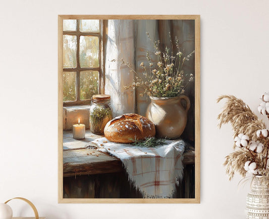 Affiche Cottagecore – Illustration Rustique de Pain et Herbes pour Déco Maison