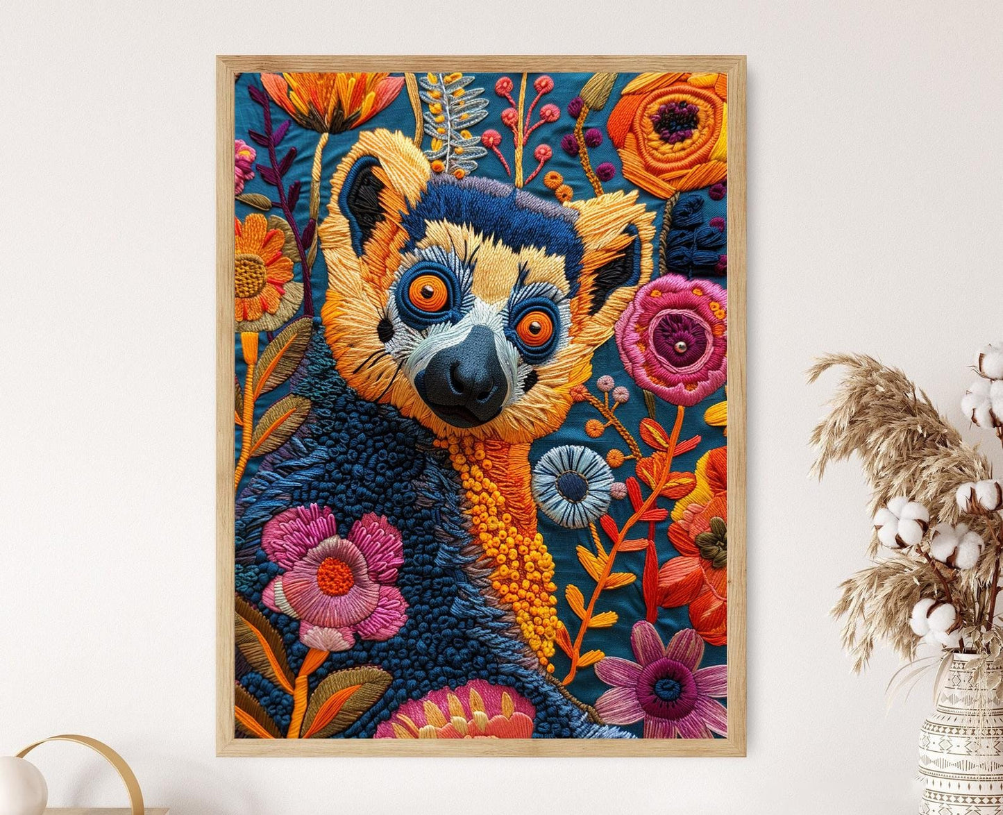 Affiche Lémurien – Poster Broderie Colorée et Nature Éveillante