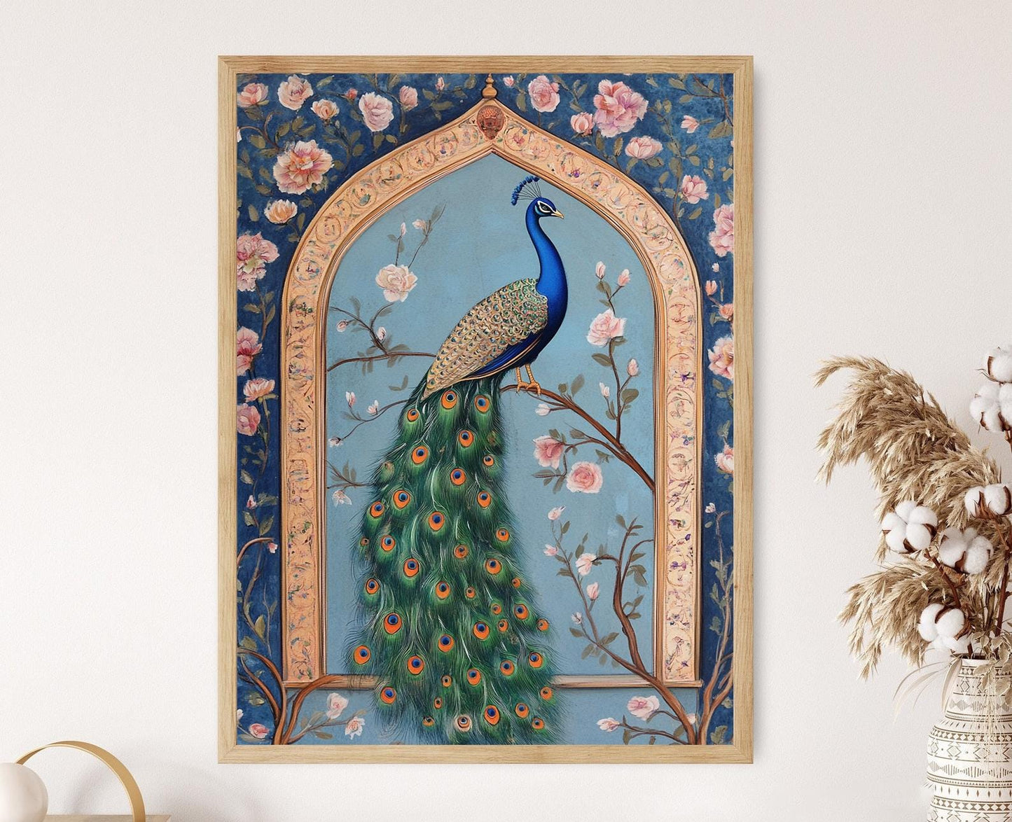 Affiche Paon Indien – Illustration Florale en Style Mughal