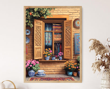 Affiche Fenêtre en Bois de Tabriz – Illustration Historique du Bazar