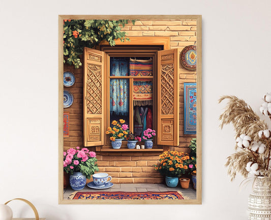 Affiche Fenêtre en Bois de Tabriz – Illustration Historique du Bazar