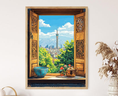 Affiche Illustrative de Téhéran – Vue de la Tour Milad avec Motifs Iraniens