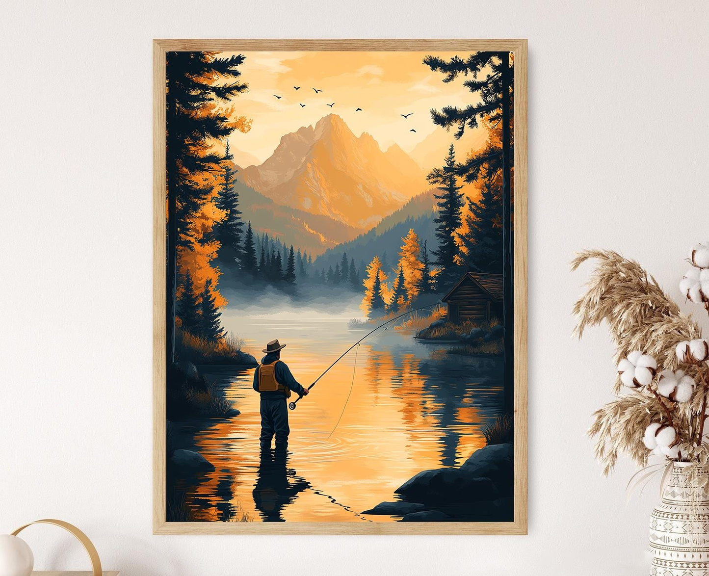 Affiche Pêche à la Mouche – Illustration de Pêcheur au Lever du Soleil