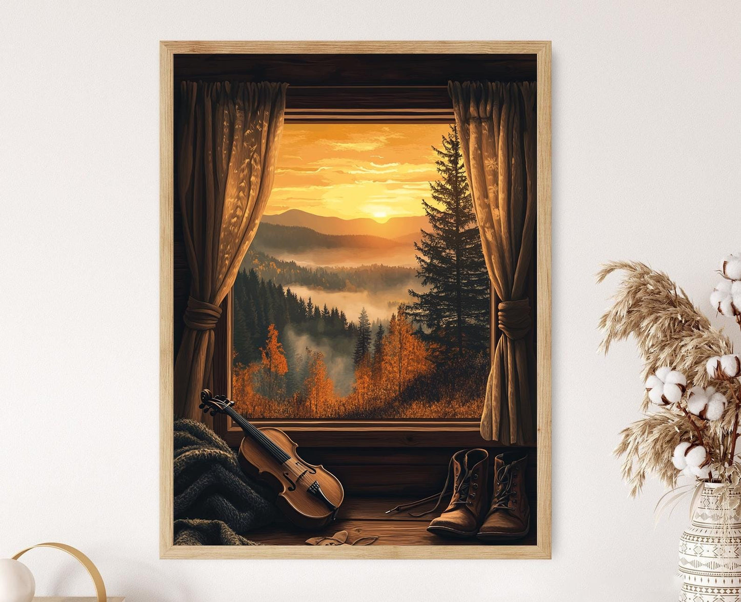 Affiche Fiddle de Fenêtre de Cabane – Poster Vue du Couché de Soleil sur les Appalaches