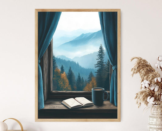 Affiche Montagne Brumeuse – Décor Murale Matin Cozy avec Rideau