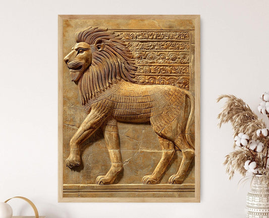 Affiche Lion Babylonien – Poster Art Relief, Symbole de Force et Majesté