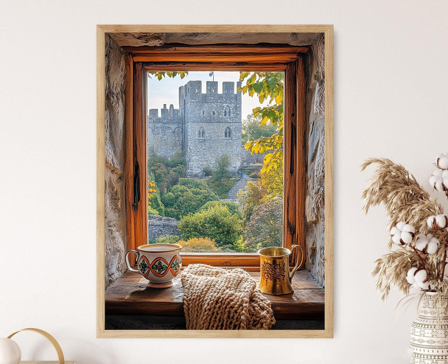 Affiche Paysage Gallois – Poster Illustration de Fenêtre en Bois avec Château