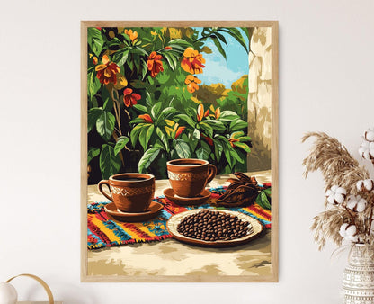 Affiche Café Hondurien – Impression d'Art: Tasses en Argile & Tapis Tissé