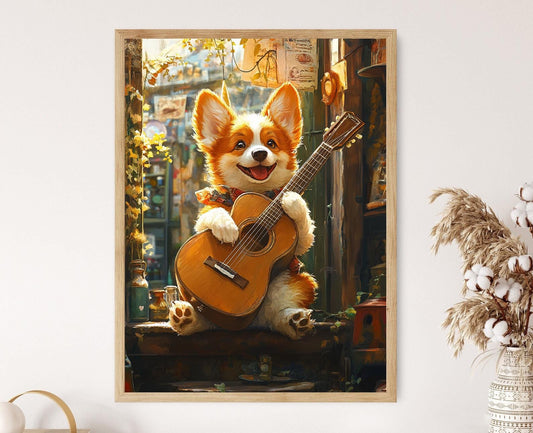 Affiche Corgi Joueur de Guitare – Poster Humoristique pour Décor Maison