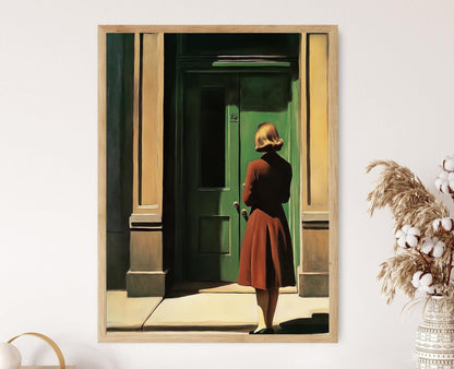 Affiche inspirée d'Edward Hopper – Femme à la porte verte, scène urbaine mélancolique