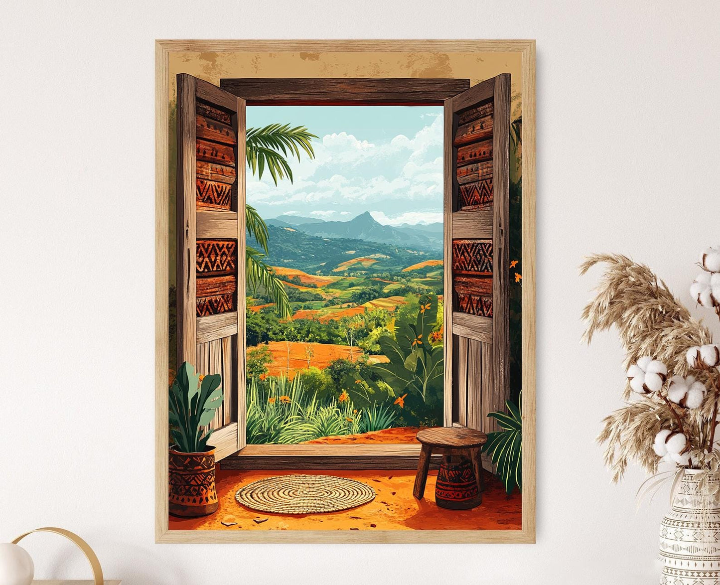 Affiche Enugu - Illustration de fenêtre en bois, collines pittoresques