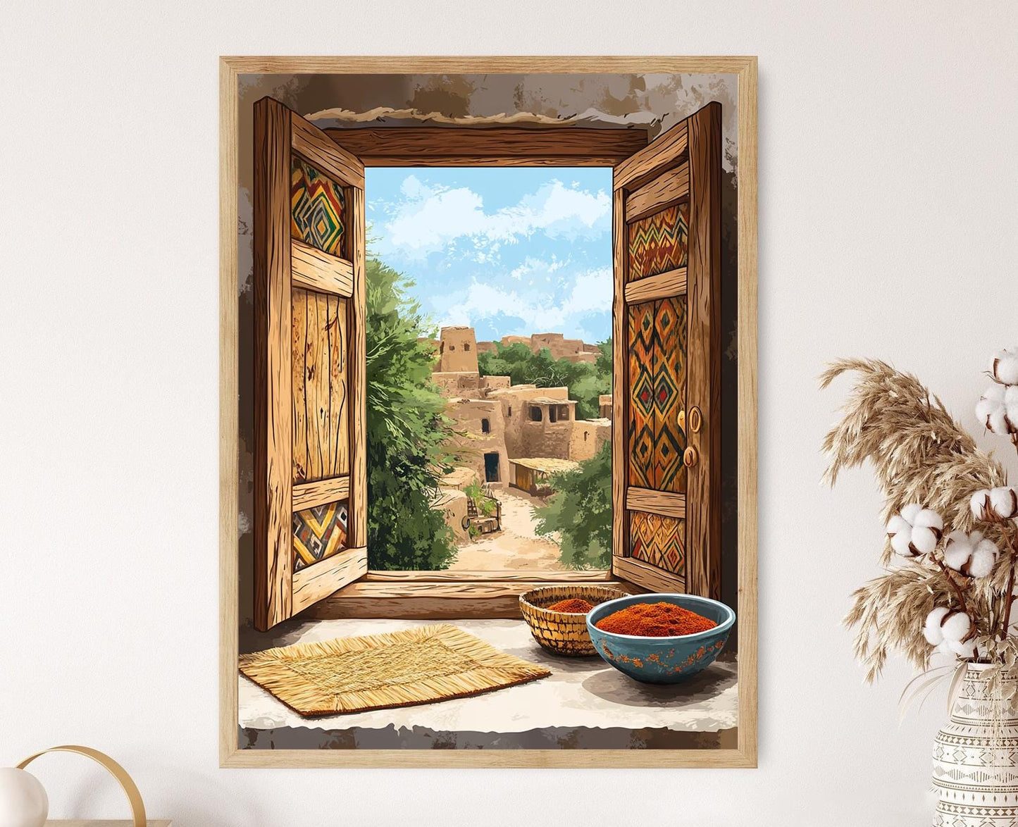 Affiche Kano – Illustration de Fenêtre en Bois, Sculptures Hausa du Nigeria