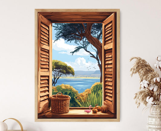 Affiche Nakuru – Poster Illustration fenêtre en bois avec motifs Kamba, faune du lac