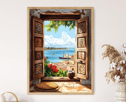 Affiche Mombasa – Illustration en bois, vue de la vieille ville kenyane