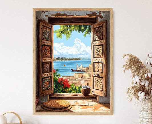 Affiche Mombasa – Illustration en bois, vue de la vieille ville kenyane