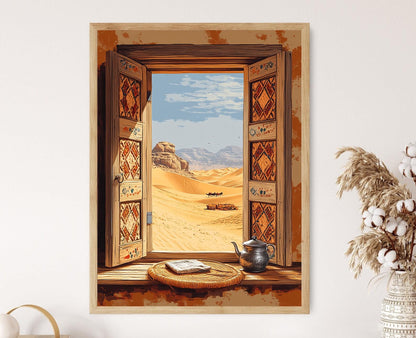 Affiche Tamanrasset – Illustration de fenêtre en bois avec motifs touaregs