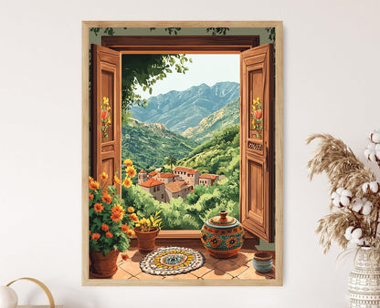 Affiche Tizi Ouzou – Illustration en bois avec motifs kabyles et vue montagne