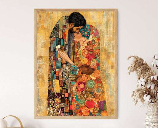 Affiche Couple Inspirée de Klimt – Poster Étreinte Romantique en Fleurs Dorées