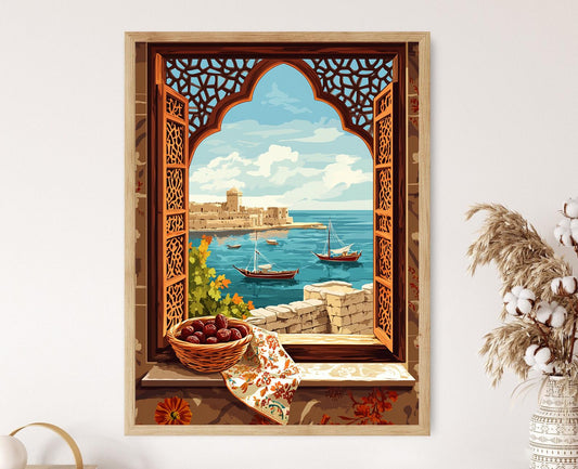 Affiche Tartous – Illustration Historique du Vieux Port et Motifs Syriens