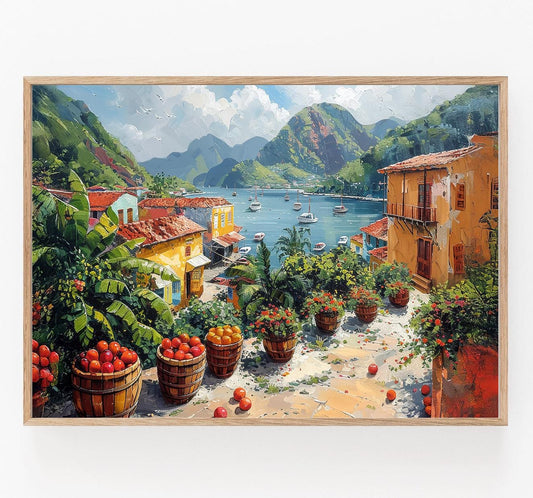 Affiche Castries Sainte-Lucie – Poster Scène Colorée du Port Caribéen