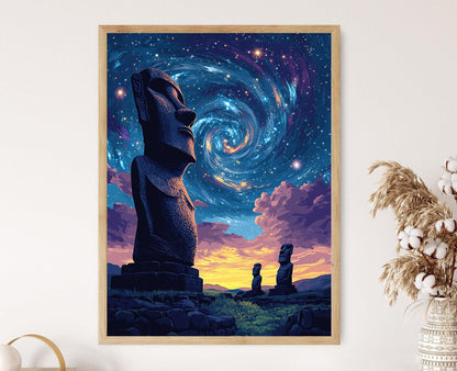 Affiche Ciel Étoilé Moai – Poster Culture Rapa Nui de l'île de Pâques