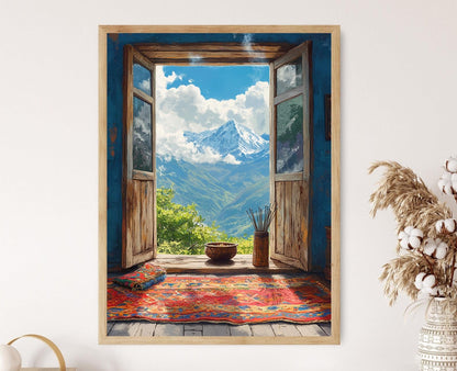 Affiche Fenêtre Rustique avec Vue Himalayenne – Art Print Tapis et Encens