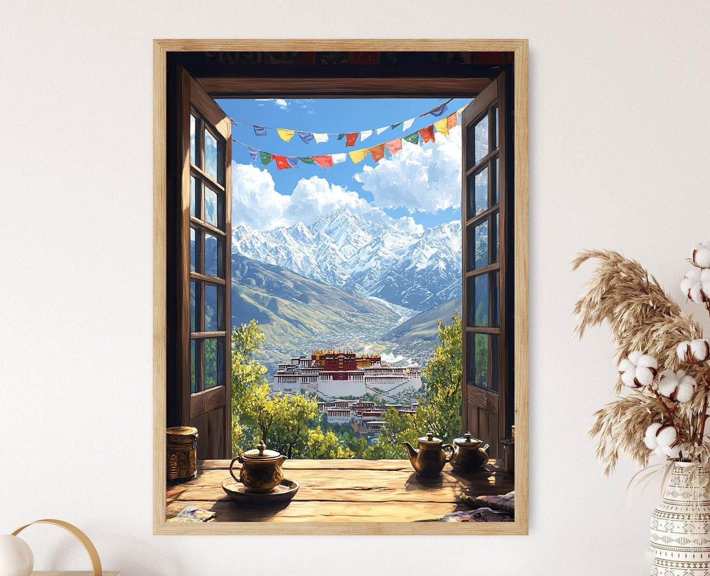 Affiche Palais de Potala – Illustration Fenêtre, Drapeaux de Prière et Cimes Enneigées