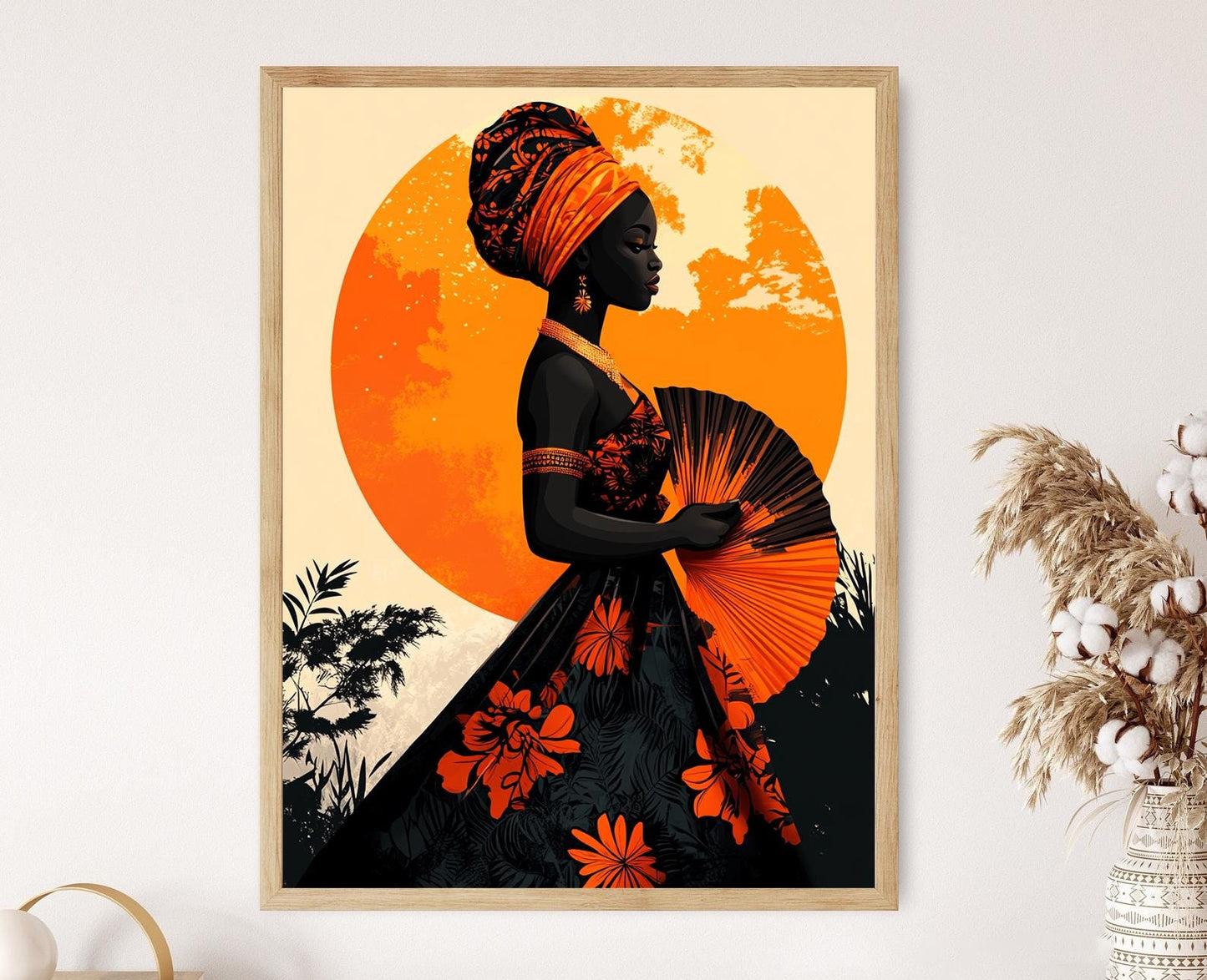 Affiche Femme Sénégalaise – Illustration avec Éventail Wax et Motifs Wolof