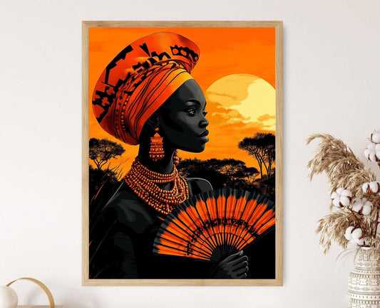 Affiche Femme Zoulou – Illustration Art Populaire Africaine avec Éventail Perlé