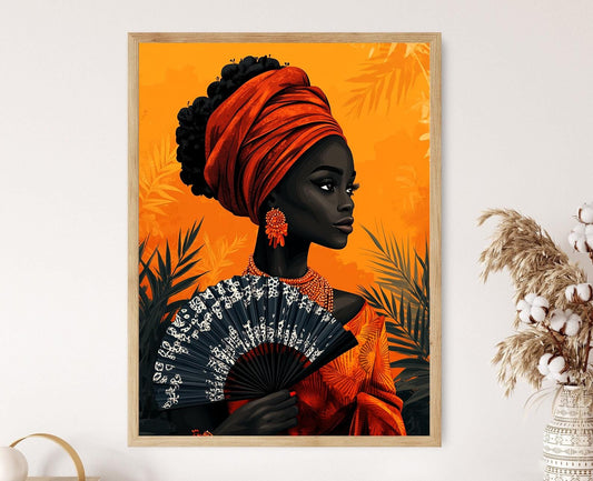 Affiche Femme Nigériane – Poster Art Héritage Africain avec Éventail Yoruba