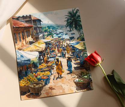 Affiche Marché de Douala – Illustration Fruits Tropicaux et Tissus