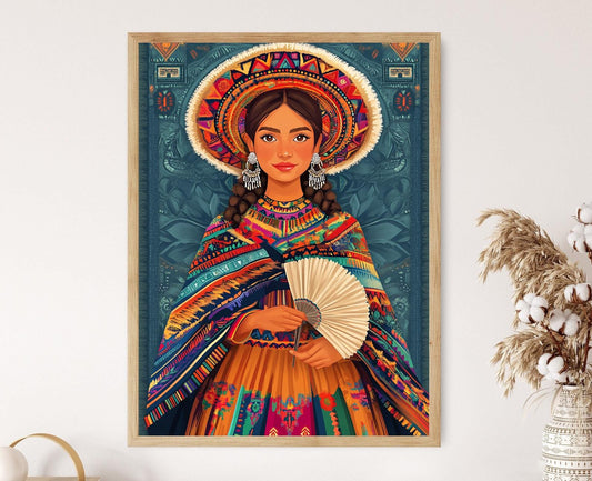 Affiche Femme Péruvienne – Poster Illustration avec Éventail Andin et Textiles Traditionnels