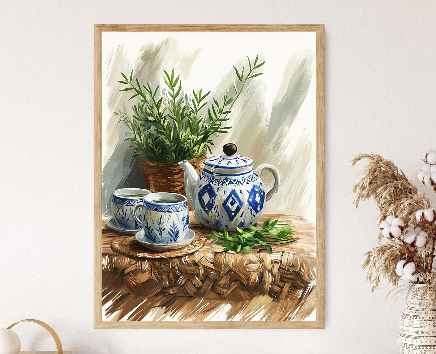 Affiche Théière en Céramique Polonaise – Poster Art Déco Rustique