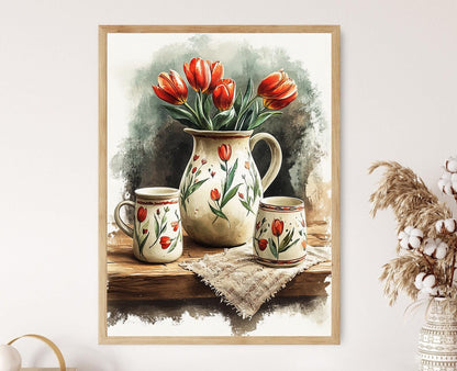 Affiche en Faïence Polonaise – Poster Art Tulipe, Décor de Cuisine Folk