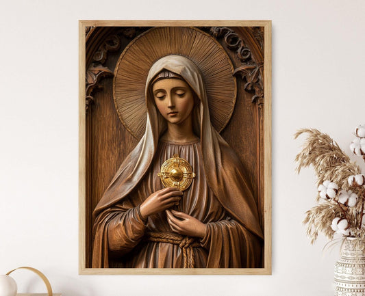 Affiche Sainte Claire d'Assise – Illustration en bois, art religieux