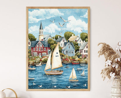 Affiche Nantucket – Imprimé d'art de voiliers et maisons côtières
