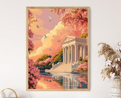 Affiche Jardin d'Aphrodite – Poster Pavillon avec roses et colombes
