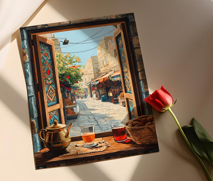 Affiche Art de Fenêtre en Bois de Nablus – Vue du Marché de Palestine